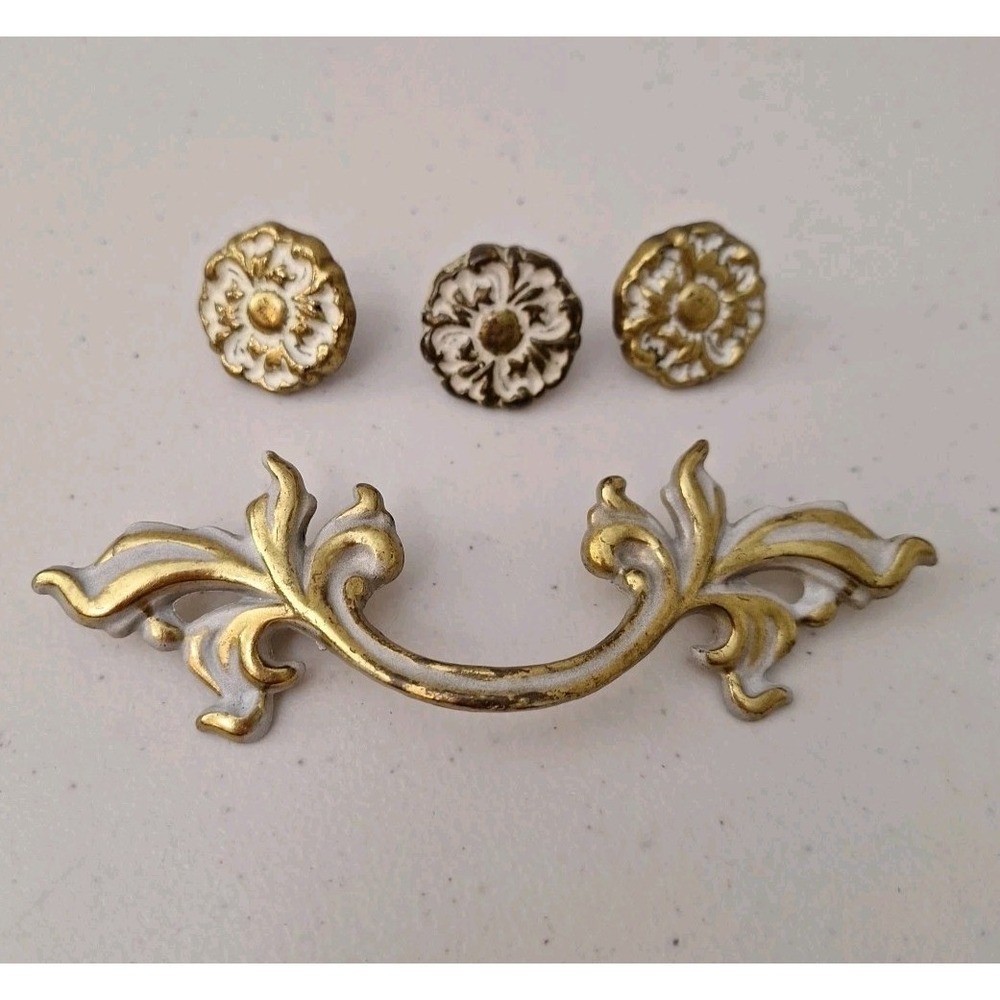 Vintage Antique MCM Ornate Solid Brass Drawer Pulls Door Handles, Set of 3